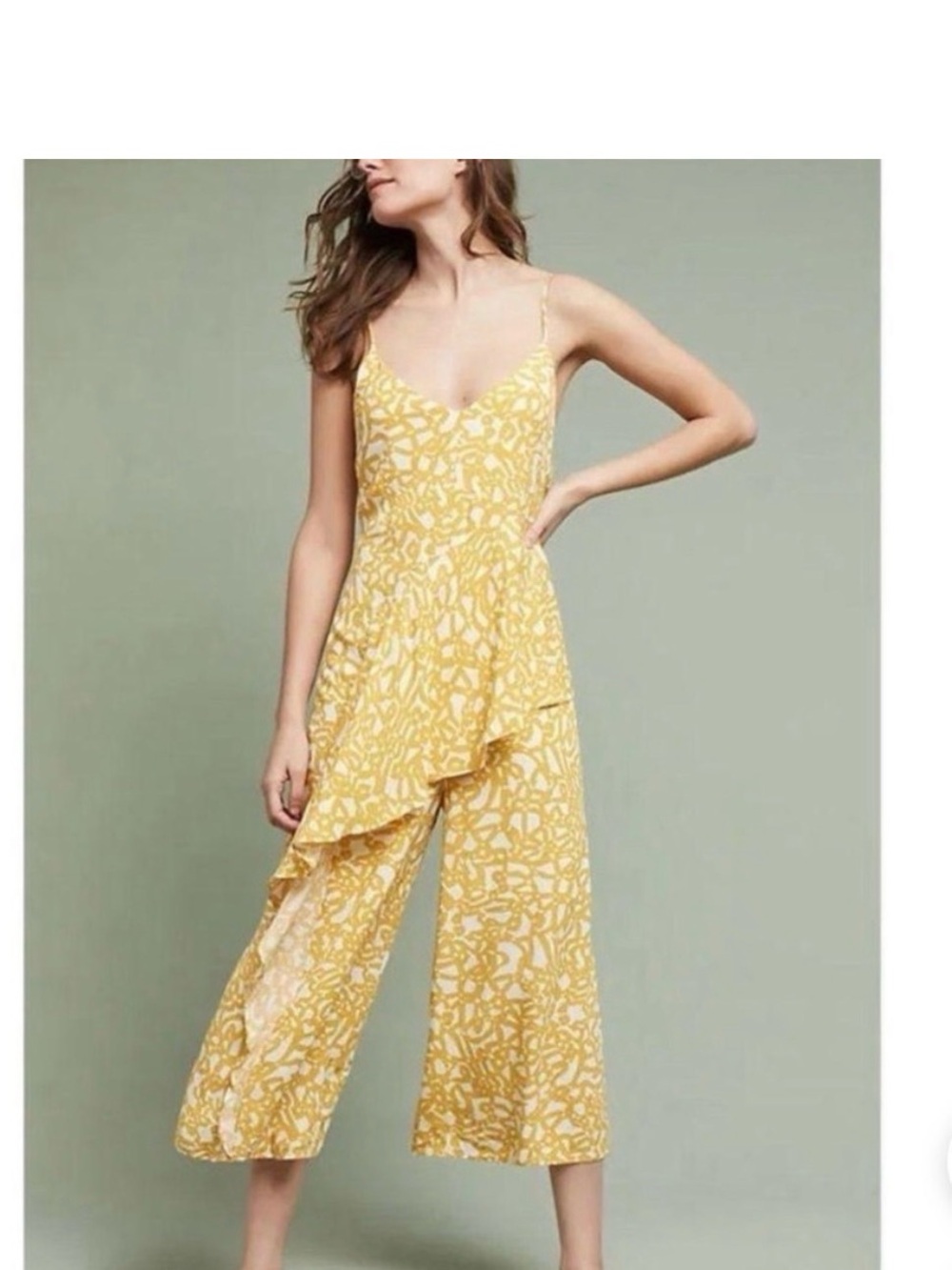 Anthropology Maeve - Yellow Printed Sleeveless Jumpsuit with Ruffle Detail